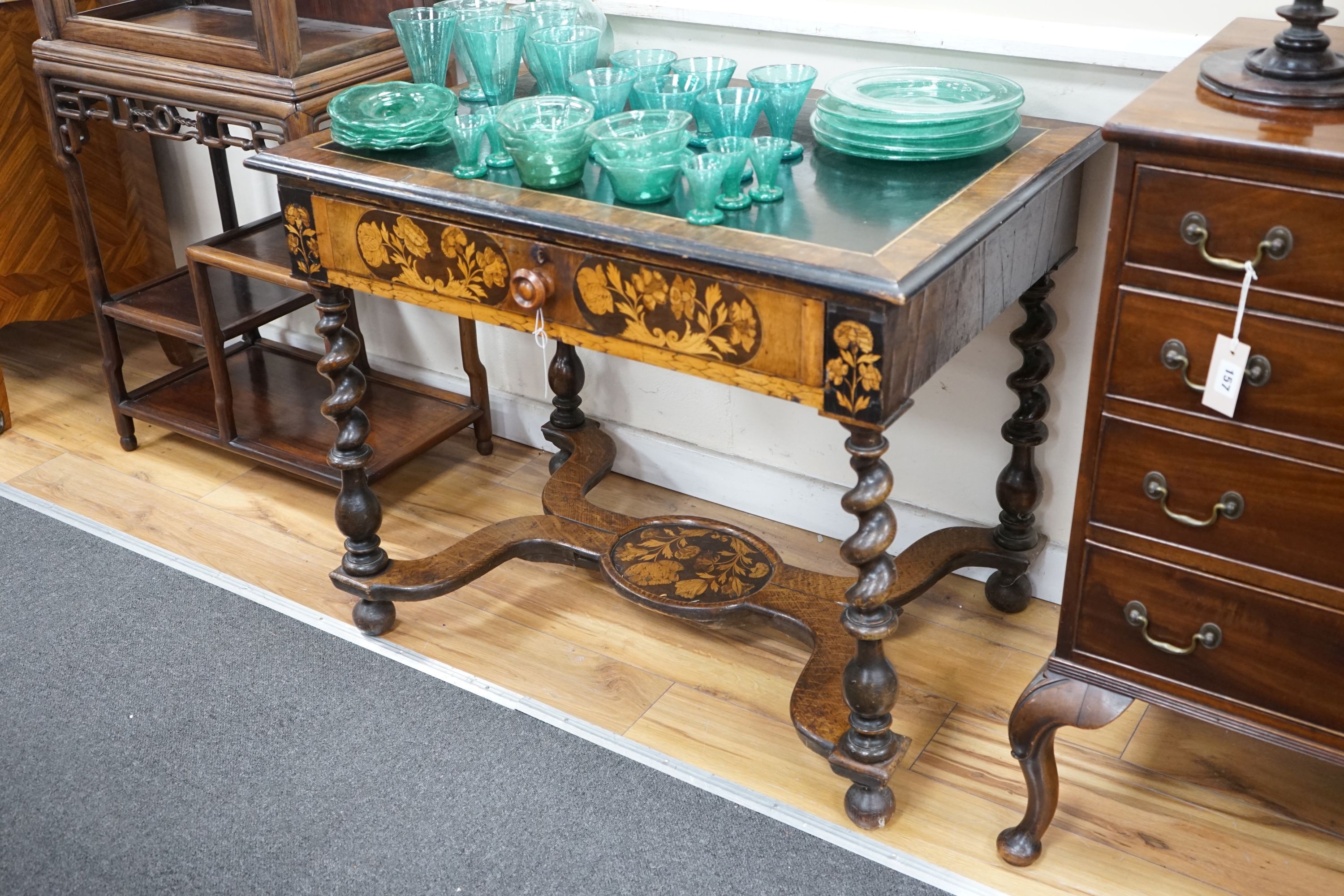 An 18th century marquetry inlaid oak and walnut side table, width 93cm, depth 63cm, height 75cm